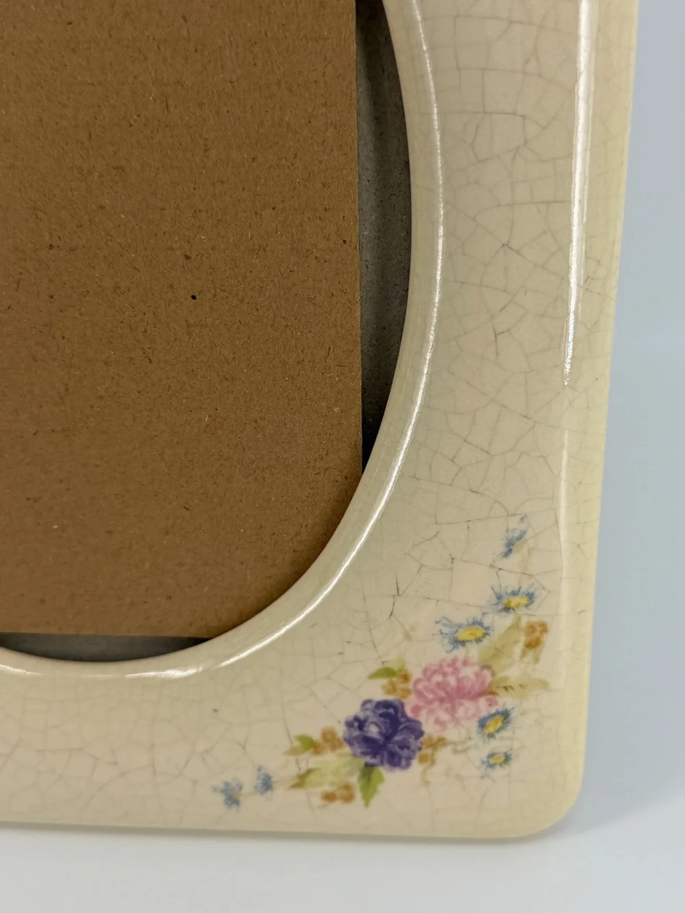 Vintage Ceramic Picture Frame Crackle Glaze Oval Opening, Floral Accents